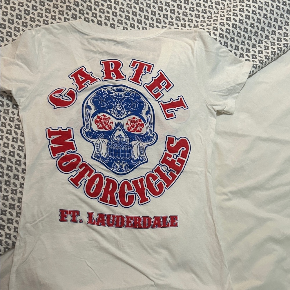Next Level Apparel White Tee with Red and Blue Graphics